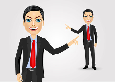 successful young business man pointing at something interesting against white backgroundのイラスト素材