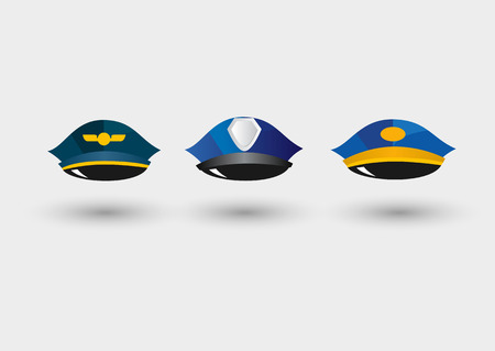set of pilots service cap, police peaked cap and postmans hatのイラスト素材