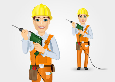 portrait of technical, electrician or mechanic holding electric drill isolated over white backgroundのイラスト素材
