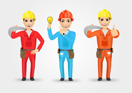 set of technical, electrician or mechanic in poses isolated over white backgroundのイラスト素材