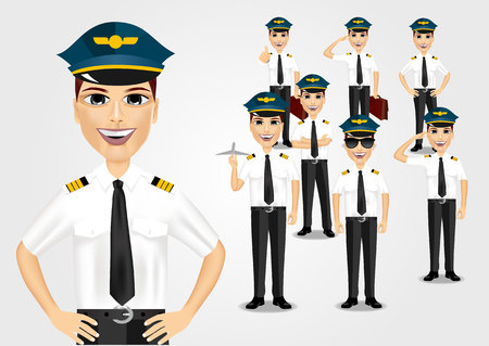 set of young friendly pilots isolated over white backgroundのイラスト素材