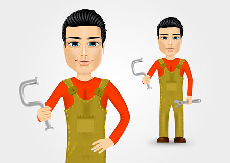 portrait of friendly young plumber dressed in work clothes holding a water pipe and wrenchのイラスト素材