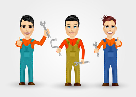 set of three friendly young plumbers dressed in work clothes and holding a wrench and water pipeのイラスト素材