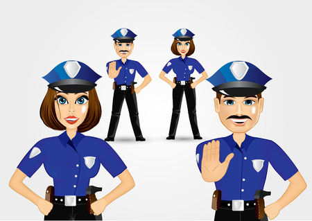 portrait of confident policeman showing stop gesture and policewoman with hands on hipsのイラスト素材