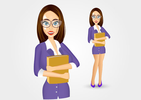 portrait of business woman with glasses and folder isolated over white backgroundのイラスト素材