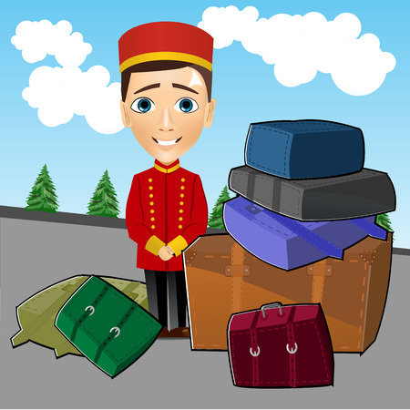 illustration of cute bellboy standing near luggageのイラスト素材