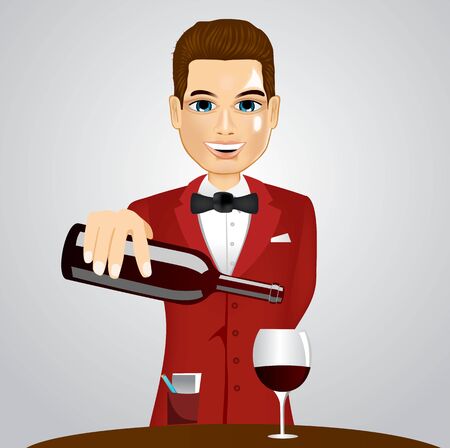 illustration of handsome waiter pouring wine into glassのイラスト素材