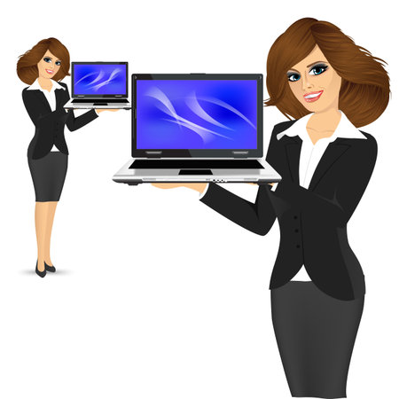 portrait of young successful career woman holding her laptop open isolated over white backgroundのイラスト素材