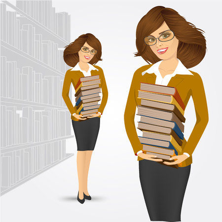 portrait of young happy librarian with glasses holding stack of booksのイラスト素材