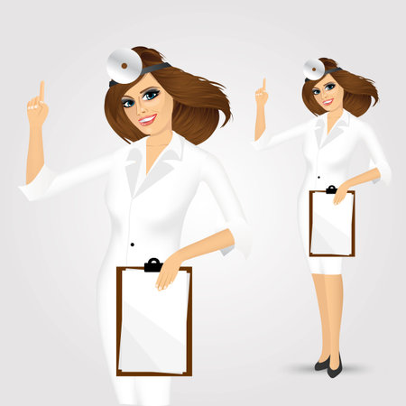 portrait of medicine doctor woman with clipboard pointing up isolated over white backgroundのイラスト素材