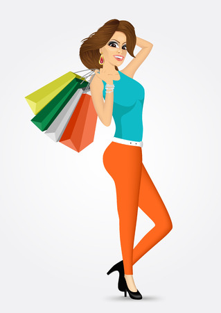 full body of smiling young woman with multicolored shopping bags over white background -  consumerism, sale, happiness and people conceptのイラスト素材