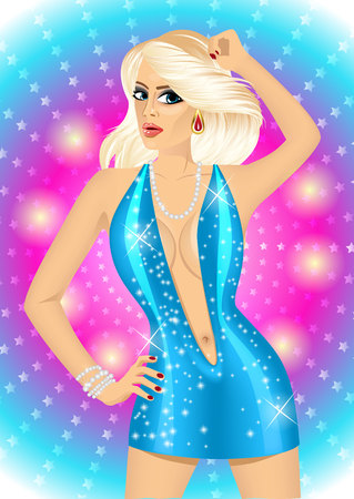 portrait of sexy blonde girl in blue short dress dancing over colorful backgroundのイラスト素材