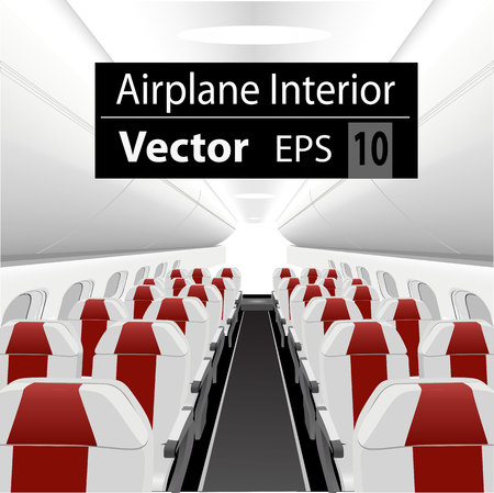 modern interior of the passenger airplane with many empty red seatsのイラスト素材