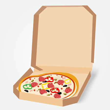 appetizing whole pizza in the opened cardboard box isolated on white background - deliveryのイラスト素材
