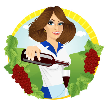 illustration of young smiling waitress pours red wine into a glass surrounded by red grapesのイラスト素材