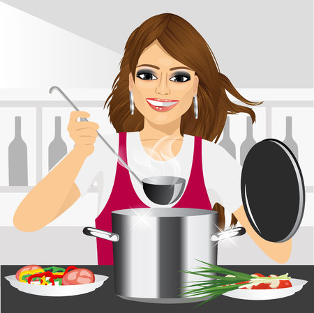 smiling young woman in red apron with ladle tasting from pot at domestic kitchenのイラスト素材