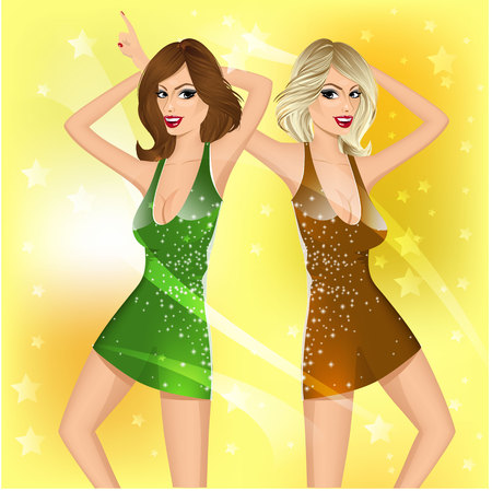 portrait of two gorgeous brunette and blond girls dancing disco music in nightclubのイラスト素材