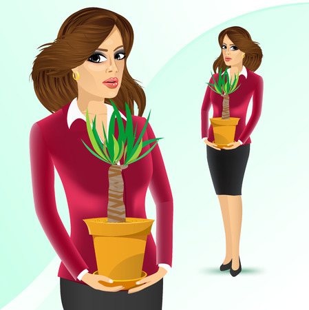 smiling business woman holding yucca plant in a pot isolated on white backgroundのイラスト素材