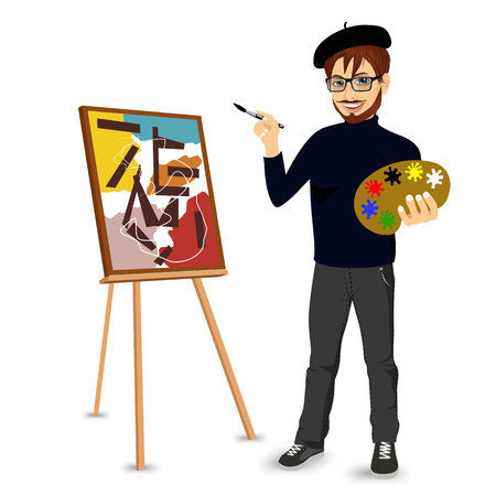 portrait of  happy male painter artist with glasses and mustache smiling and painting with colorful palette standing near easelのイラスト素材