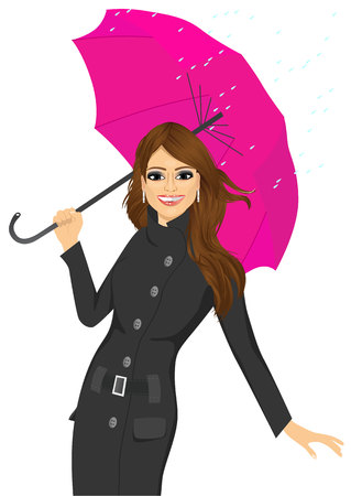 portrait of friendly woman in a black autumn coat holding an umbrella and standing in a puddleのイラスト素材