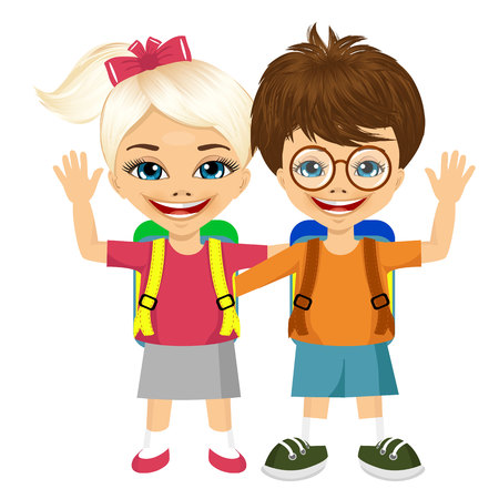 portrait of two fashion small children with backpacks on white backgroundのイラスト素材