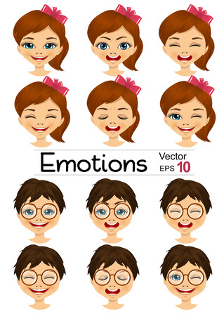 set of cartoon funny kids showing different facial expressionsのイラスト素材