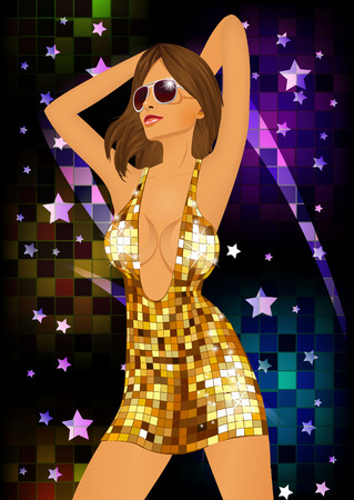 portrait of dancing girl with sunglasses on disco night partyのイラスト素材