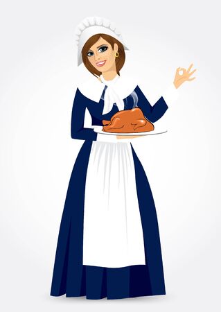 vector illustration for thanksgiving of a pilgrim woman holding a roast turkeyのイラスト素材