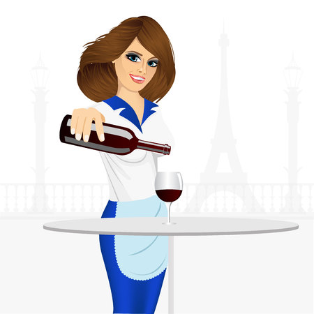 illustration of young smiling waiter pouring red wine into a glassのイラスト素材