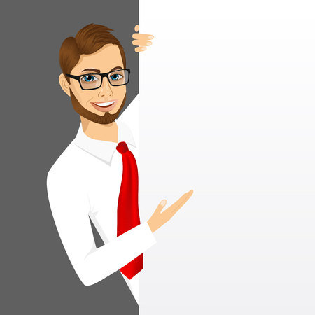 portrait of modern hipster businessman with glasses peeking out of a blank presentation boardのイラスト素材