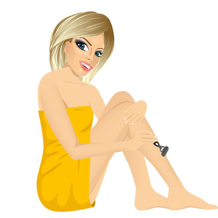 portrait of beautiful young blonde woman wrapped in white towel shaving her legs with razorのイラスト素材