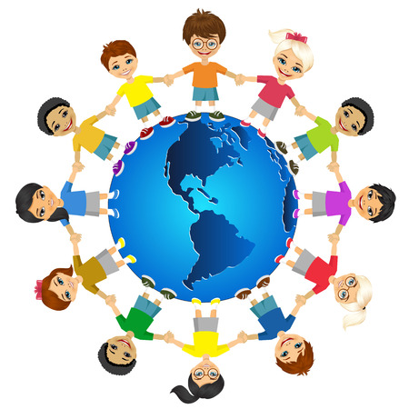 Kids of the world. International friendship day. Earth day. Vector illustration of diverse children holding hands.のイラスト素材