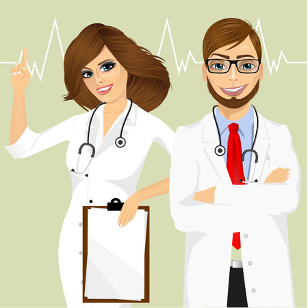 portrait of experienced male doctor with arms folded and smiling female doctor with clipboard pointing upのイラスト素材