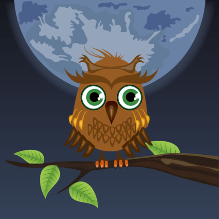 wise old owl sitting on a tree branch at night in the moonのイラスト素材