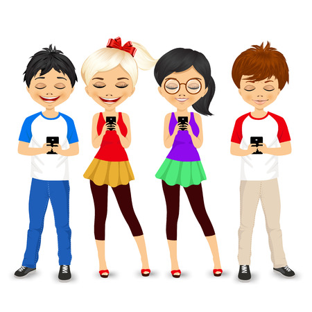 four different young people using mobile phones socializing on internetのイラスト素材
