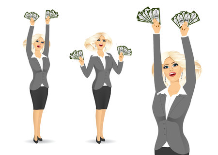 young happy businesswoman in grey suit holding money in both hands isolated over white backgroundのイラスト素材