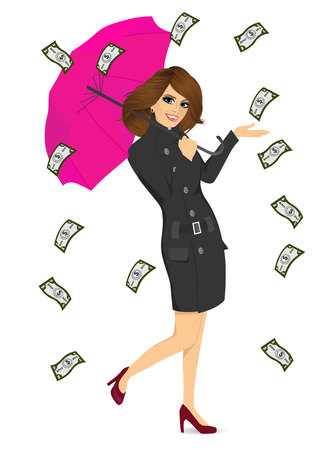 full body portrait of brunette woman holding big purple umbrella happy seeing raining money billsのイラスト素材