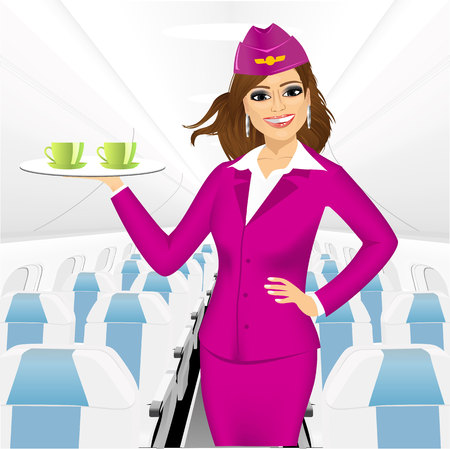 portrait of charming stewardess holding a tray with two cup of tea or coffee against airplane interiorのイラスト素材
