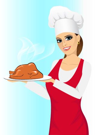 smiling happy cook woman holding a tray with a roasted turkeyのイラスト素材
