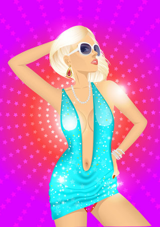Vector illustration of a fashion blonde disco girl in sunglasses dancing in night clubのイラスト素材