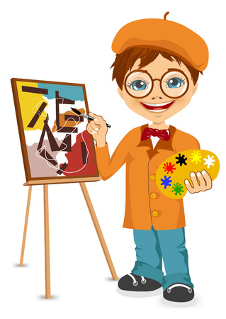vector illustration of cartoon artist boy standing near the easel holding the palette in his handsのイラスト素材