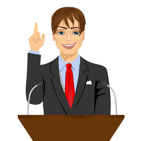 orator standing behind a podium with microphones. Speaker makes a report to the public. Presentation and performance before an audience. Oratory, lecturer, business seminarのイラスト素材