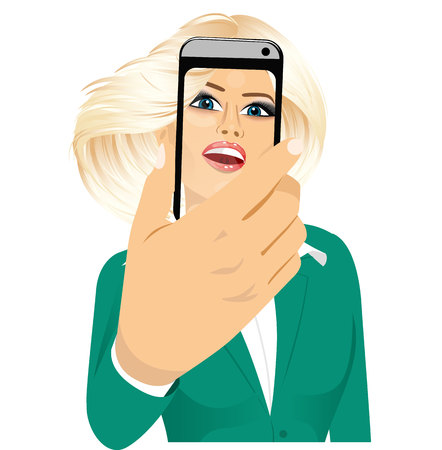 portrait of happy blonde woman taking a selfie using her smartphone isolated over white backgroundのイラスト素材