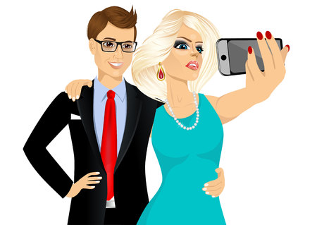 portrait of happy blonde woman and young man in business suit taking a selfie using her smartphone isolated over white backgroundのイラスト素材