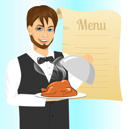 Portrait of young handsome waiter with tray serving roasted poultry against blank retro scroll of menuのイラスト素材
