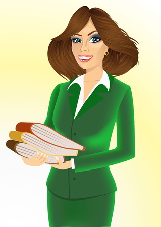 Full body portrait of happy smiling business woman with foldersのイラスト素材