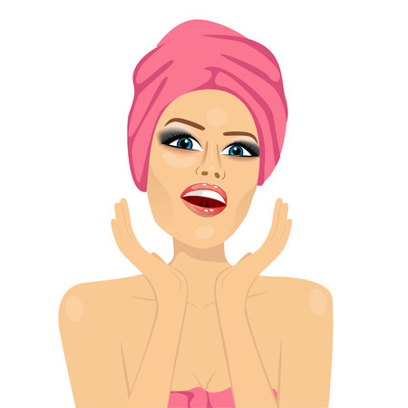 portrait of woman with hair wrapped in pink bath towel showing perfect facial skin isolated on white backgroundのイラスト素材