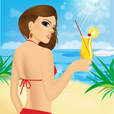 portrait of sexy young brunette women with coctails on the beachのイラスト素材