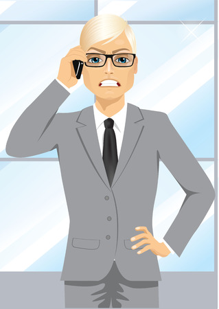 portrait of angry blond businessman with glasses talking on mobile phone isolated on white backgroundのイラスト素材