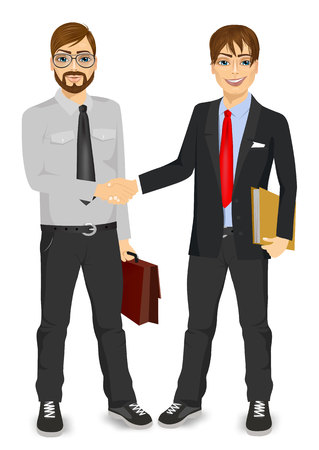 two businessmen with briefcase and paper folder shaking hands happy standing negotiatingのイラスト素材